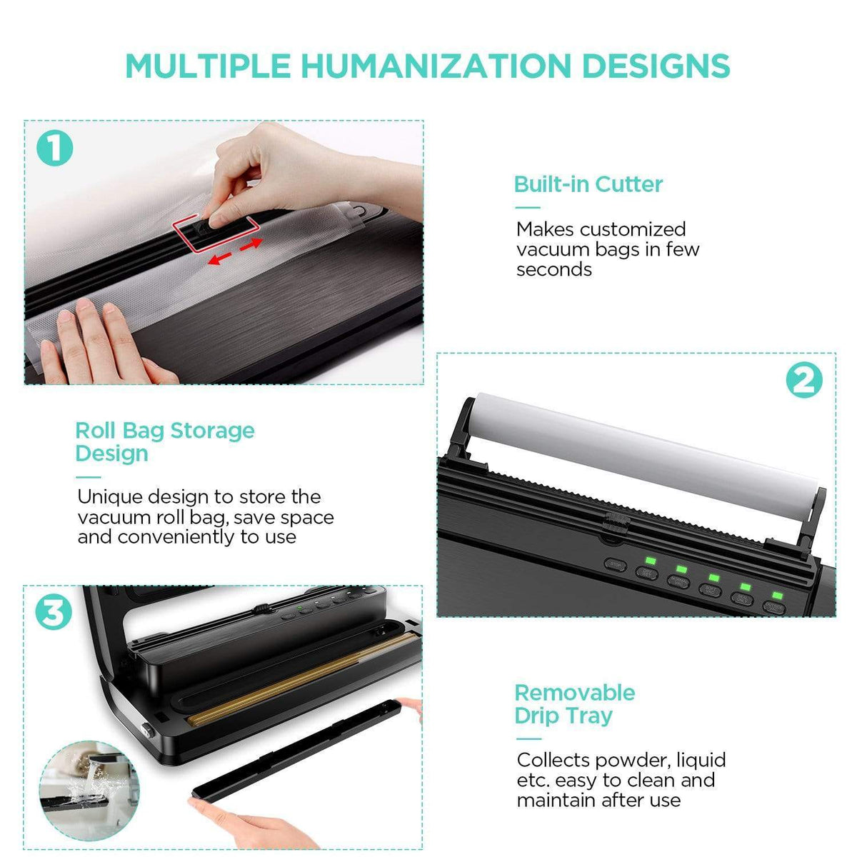ABOX Home Appliance ABOX Vacuum Sealer Machine, 5 in 1 Food Vacuum Sealer, Built-in Cutter, Starter Kit Roll and Holder