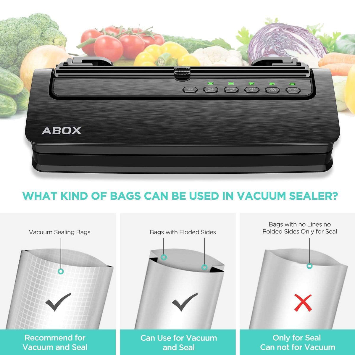 ABOX Home Appliance ABOX Vacuum Sealer Machine, 5 in 1 Food Vacuum Sealer, Built-in Cutter, Starter Kit Roll and Holder