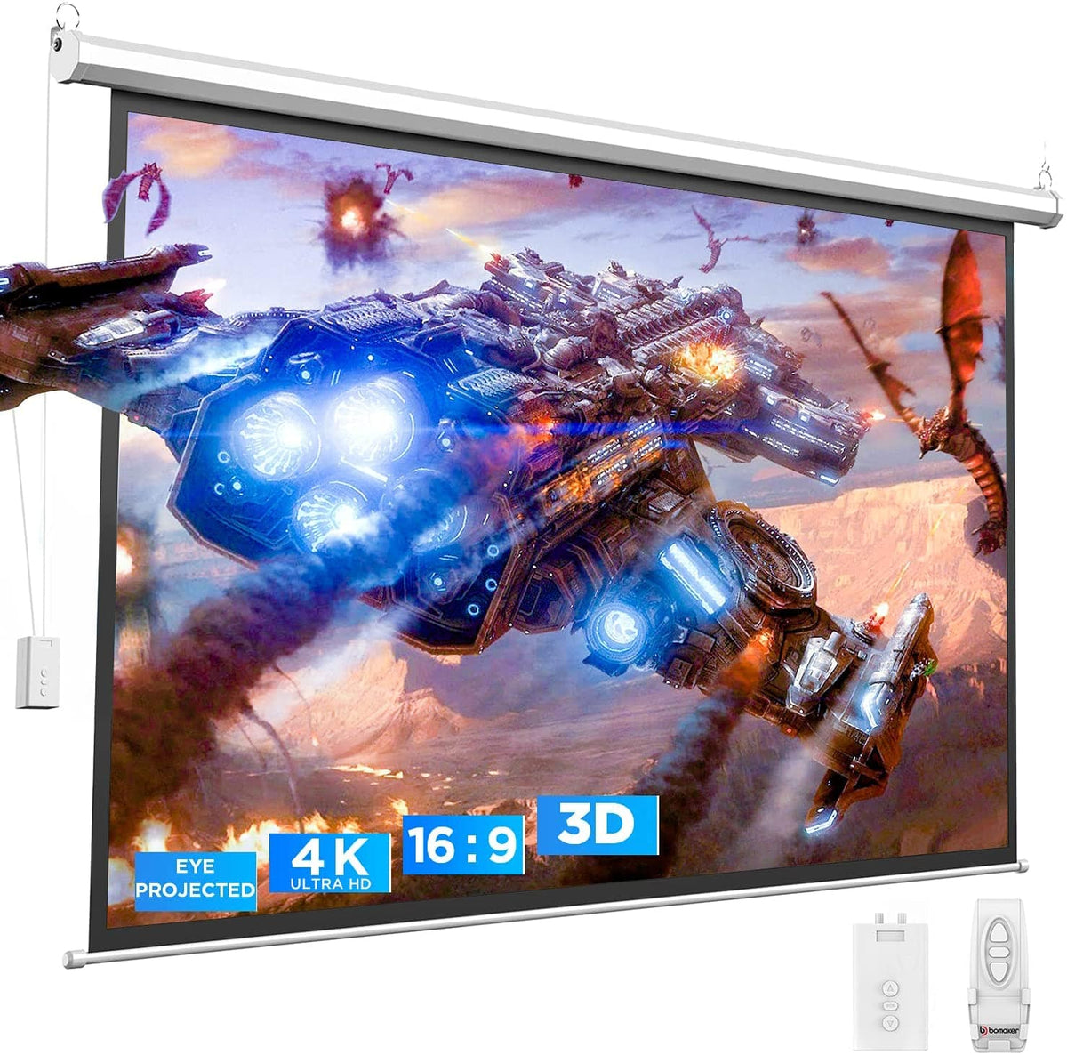 BOMAKER 4K HD Motorized Projector Screen, Eyes Protected, 3D Projection Screen 100&#39;&#39;, 16:9【Only US Available】 - Bomaker