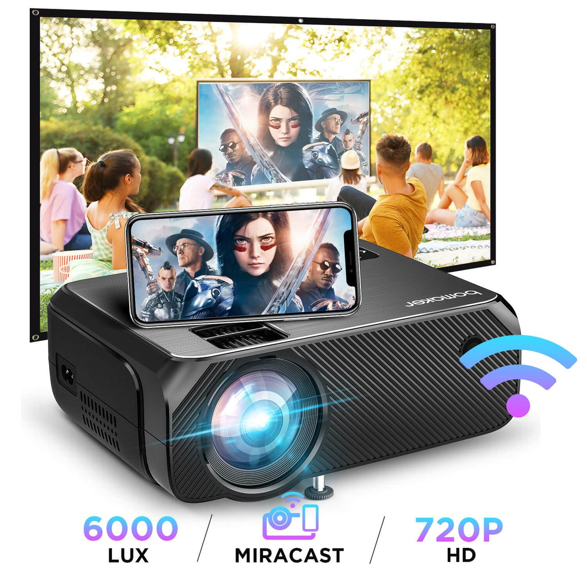 BOMAKER GC355 Native HD Outdoor Projector, WiFi Mini Projector for Outdoor Movies - Bomaker