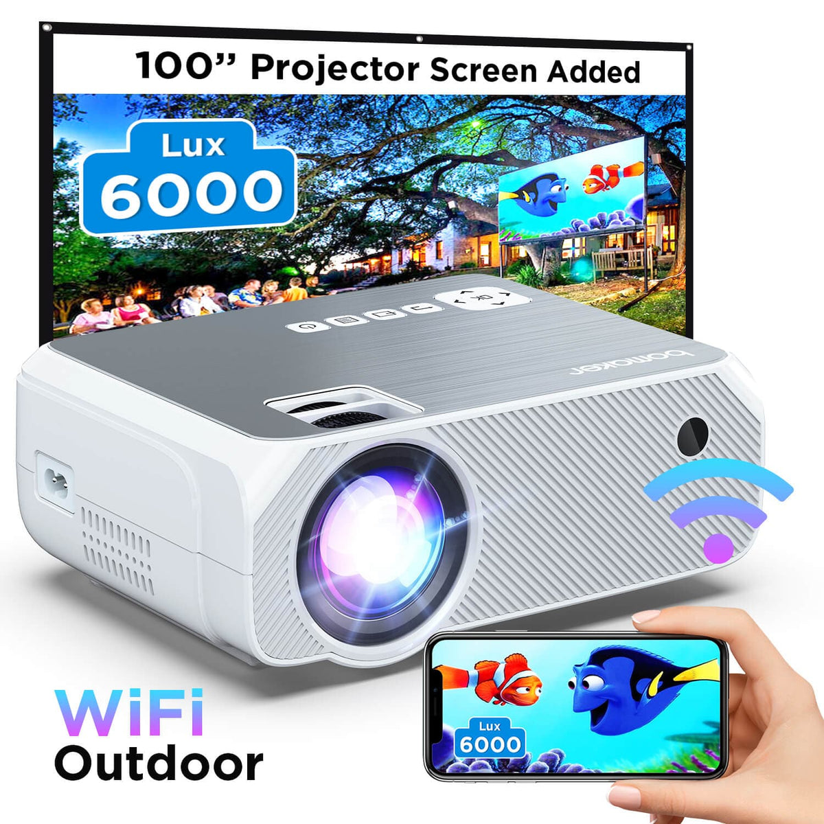 BOMAKER GC355(White) Native HD Outdoor Projector, WiFi Mini Projector for Outdoor Movies - Bomaker