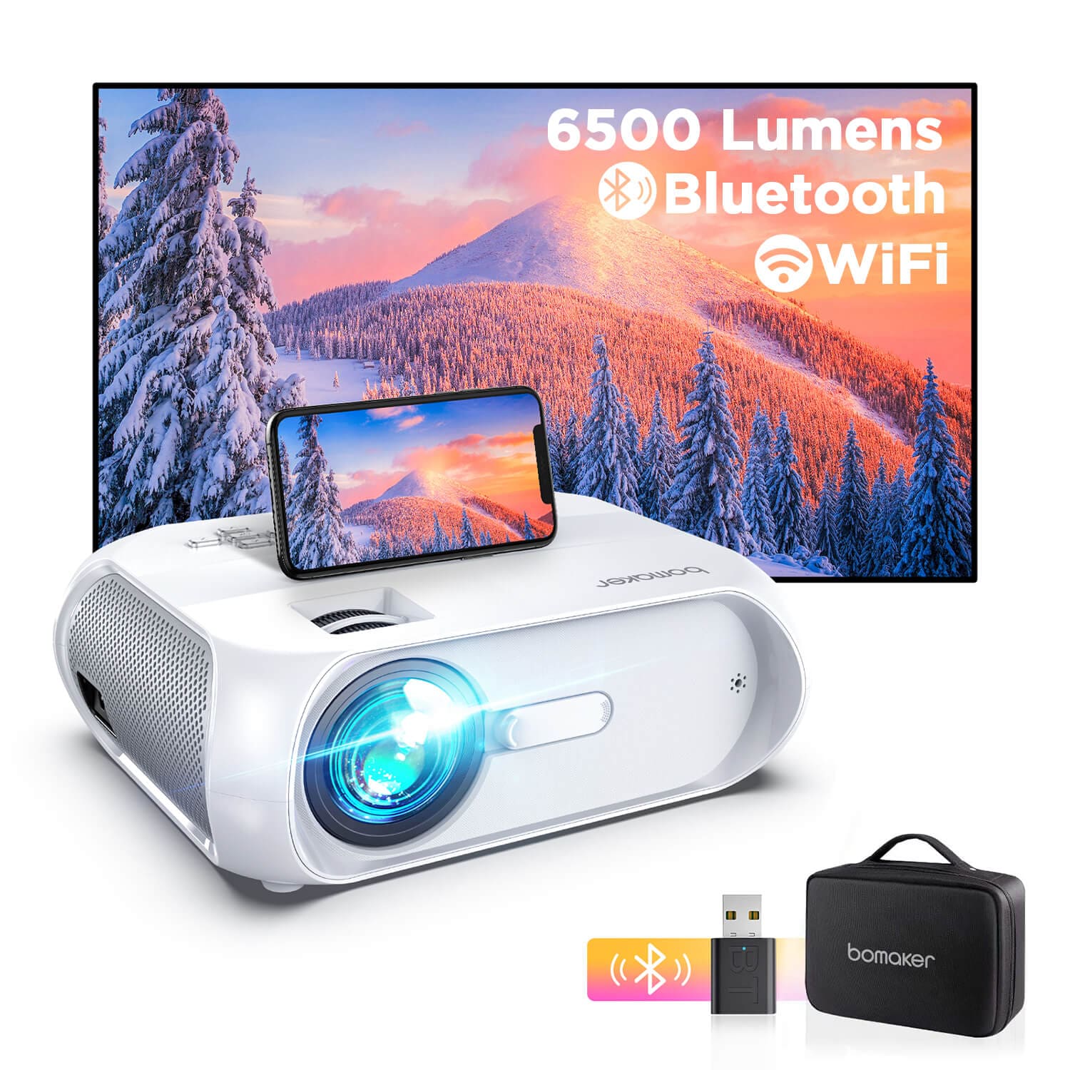 Bomaker 150 ANSI Lumen Wi-Fi Outdoor Projecteur Full HD 1080P Wireless Mirroring -- S5, White
