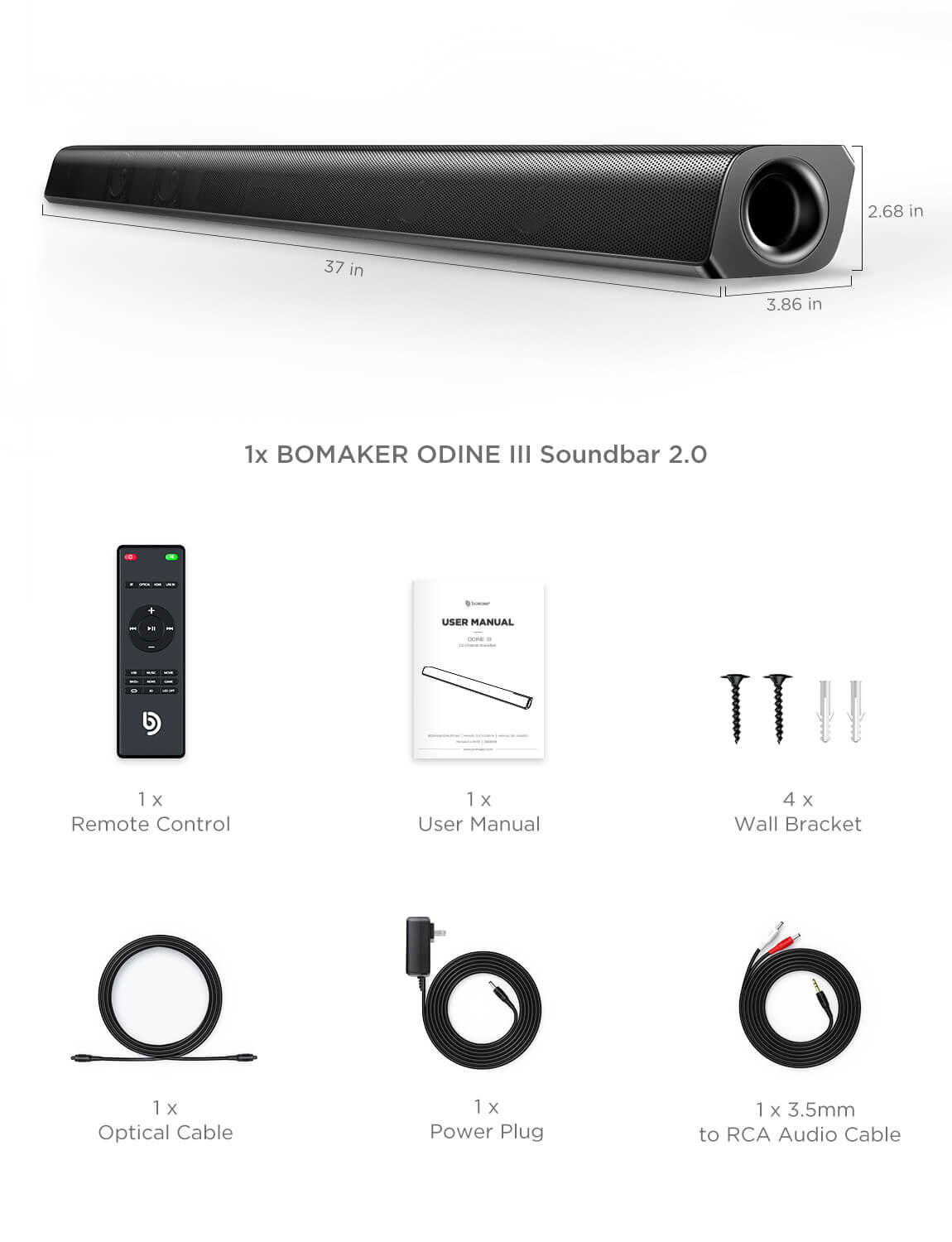 Bomaker Odine III 37-Inch 2.0 Channel Wired &amp; Wireless Bluetooth 5.0 3D Surround Sound Soundbar - Bomaker