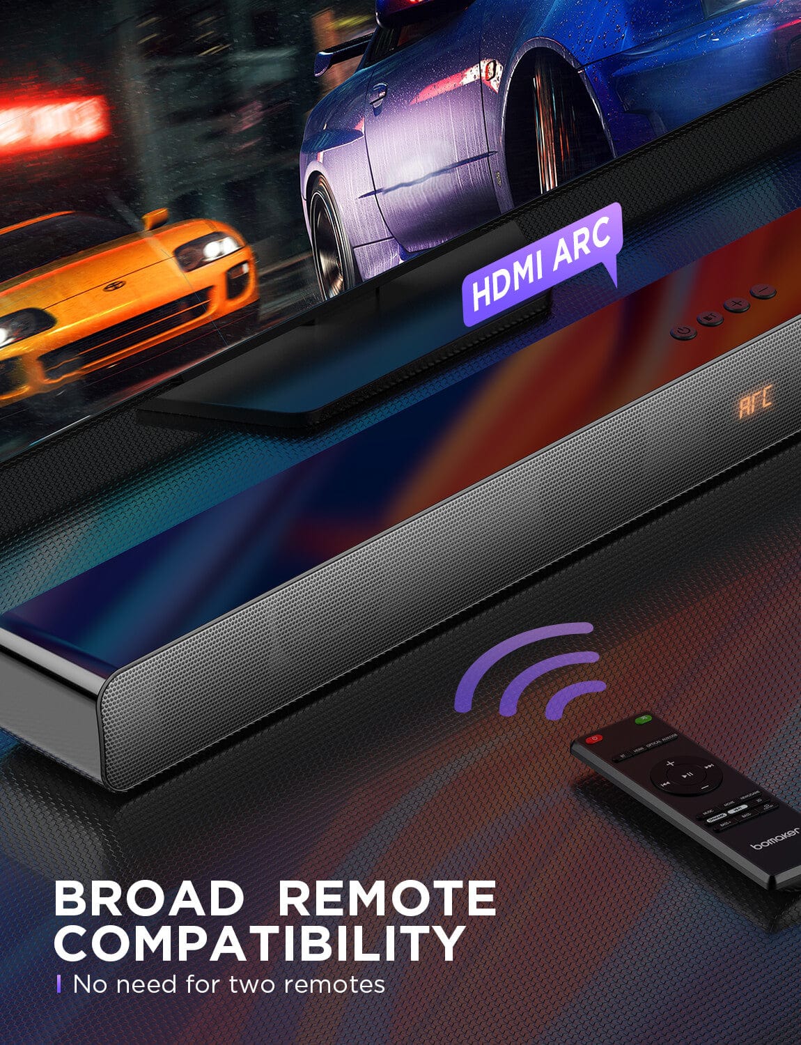 BOMAKER Odine IV TV SoundBar, Customized Ultra Deep Bass/ 9 EQ/ CEC Remote/ 3D Surround Bar with HDMI-ARC, Optical, AUX, BT, USB In - Bomaker