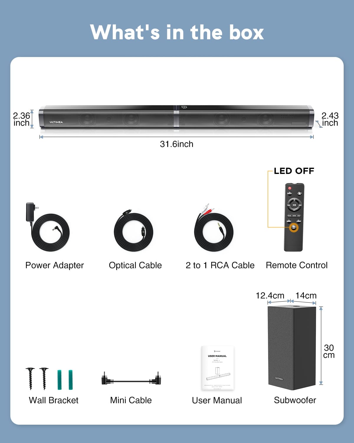 Bomaker Soundbar Ultimea Bomaker 2.1 Channel TV Wired Sound Bar with Subwoofer, 100W Sound Bars for TV, LED Display Off, 110dB, 5 EQ Modes, Bass Adjustable Surround Sound, 4K &amp; HD TV, Optical/AUX/USB Connection