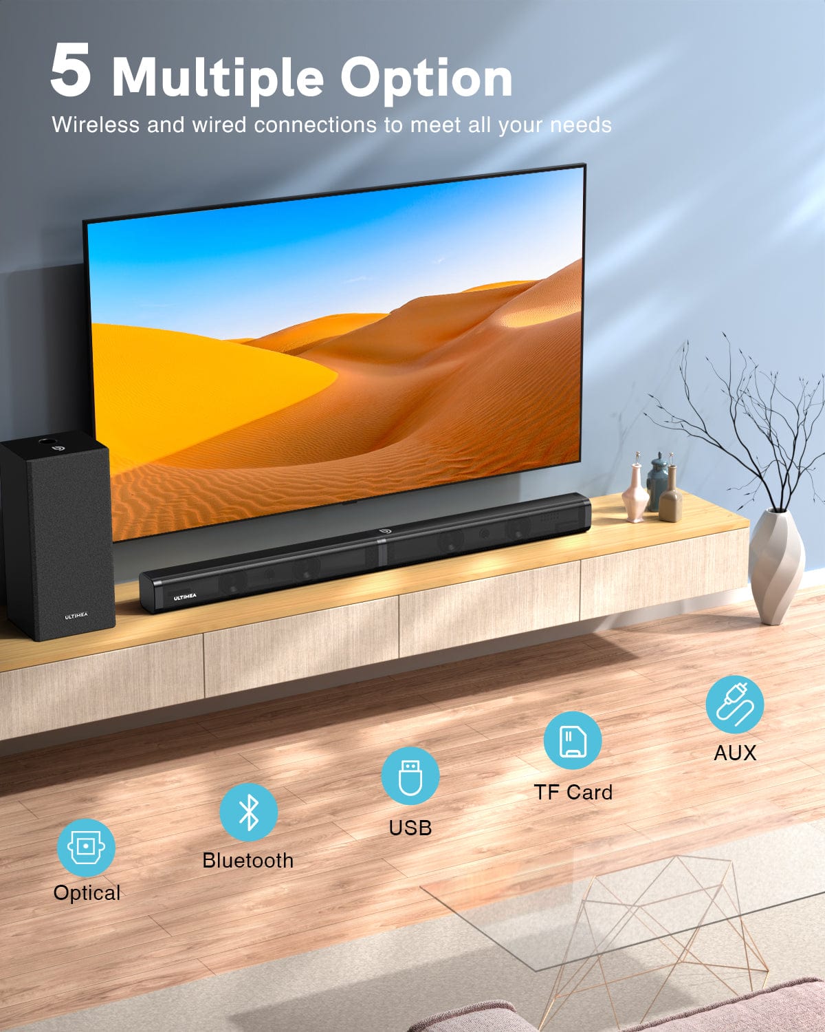 Bomaker Soundbar Ultimea Bomaker 2.1 Channel TV Wired Sound Bar with Subwoofer, 100W Sound Bars for TV, LED Display Off, 110dB, 5 EQ Modes, Bass Adjustable Surround Sound, 4K &amp; HD TV, Optical/AUX/USB Connection