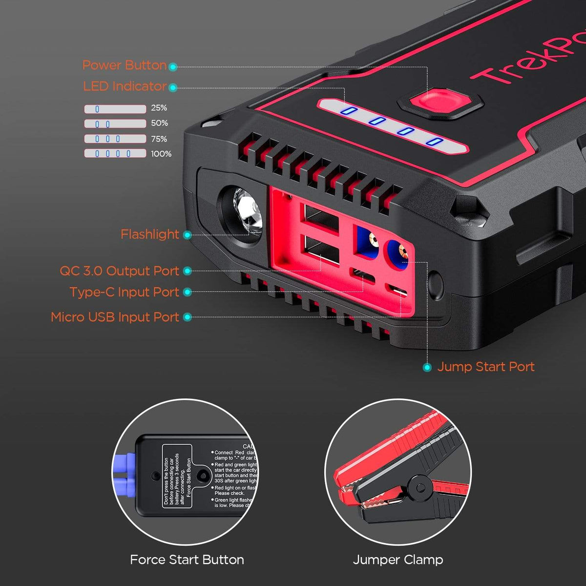 TrekPowOffice Jump Starter TrekPow TJ2500 2500A Auto Battery Booster Jump Starter